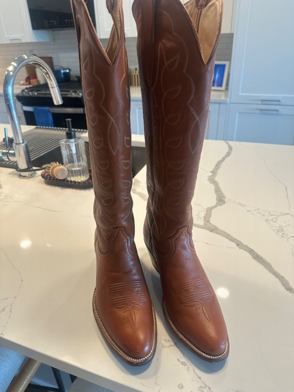 Handmade Calfskin Brown Tall Cowboy Boots - Picture 3 of 8